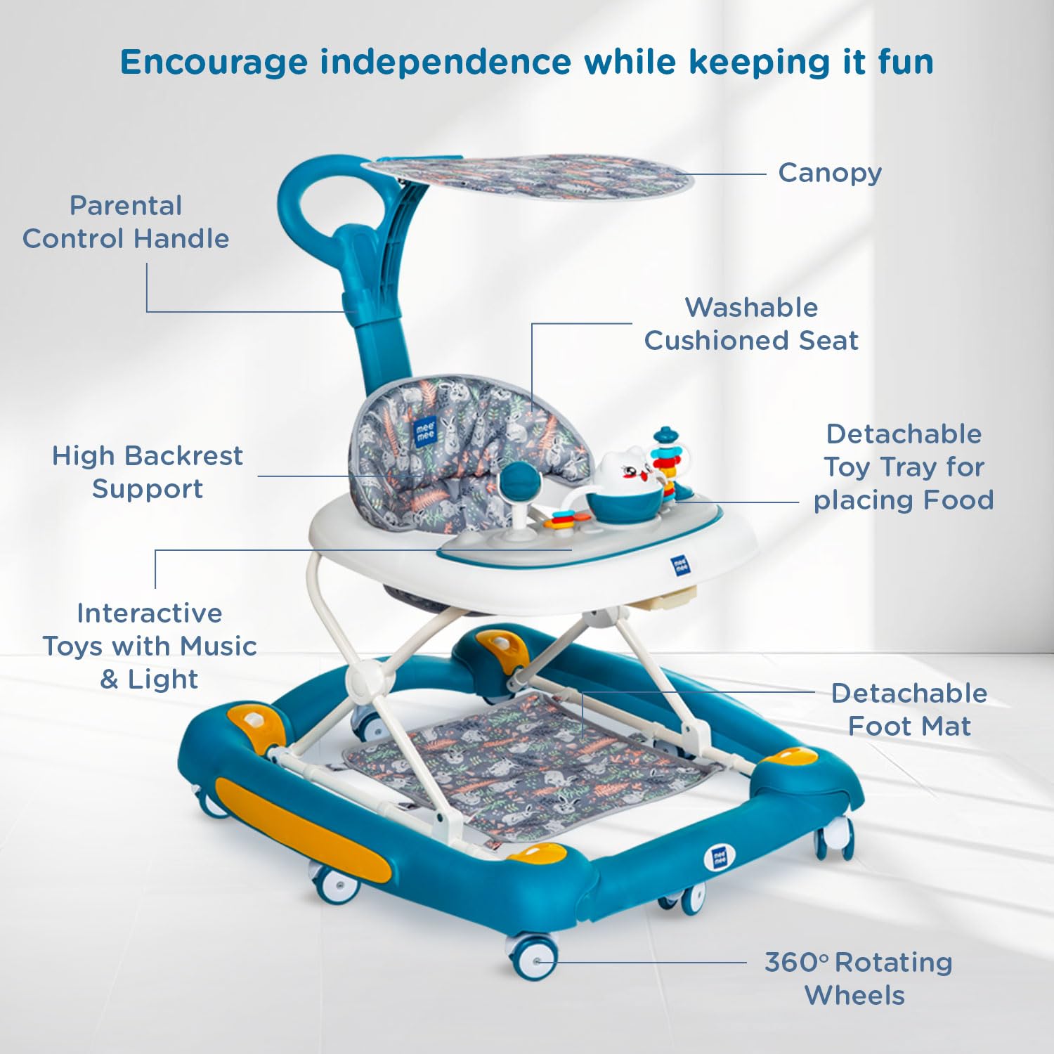 Baby walker with features labeled on a white background